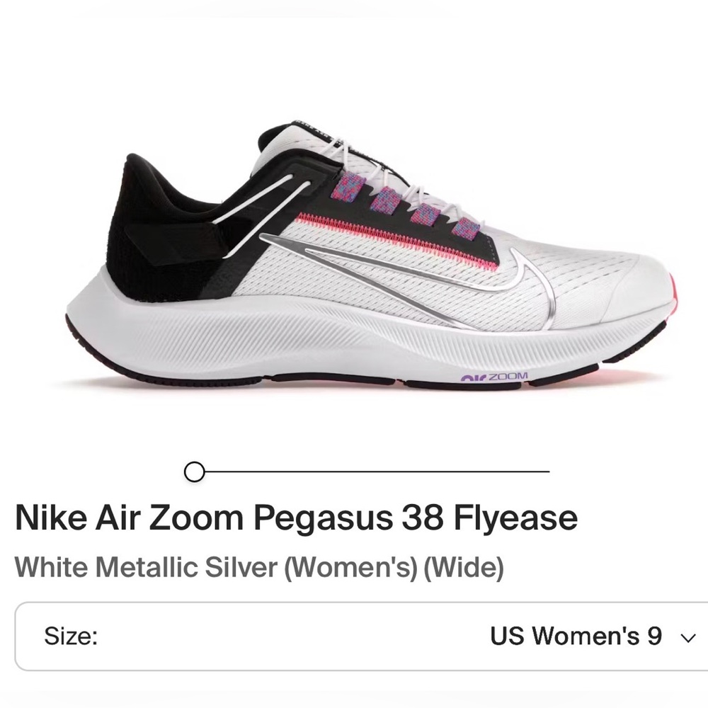 Nike Air Zoom Pegasus 38 Flyease - White Metallic Silver Size 9 Zip side - used